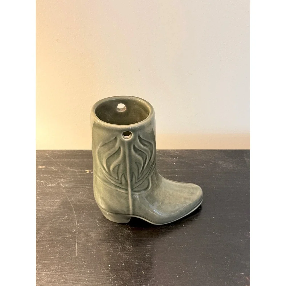 Vintage Ceramic Cowboy Boot Vase Sage Green Western Southwestern Decor